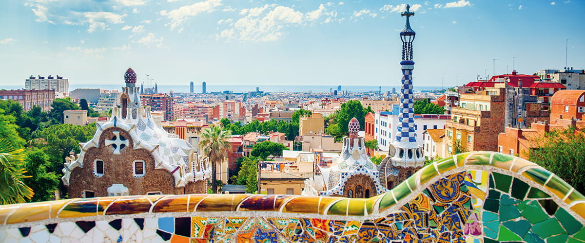 Gaudi’s Park Güell, mosaic covered architecture in Barcelona, Spain